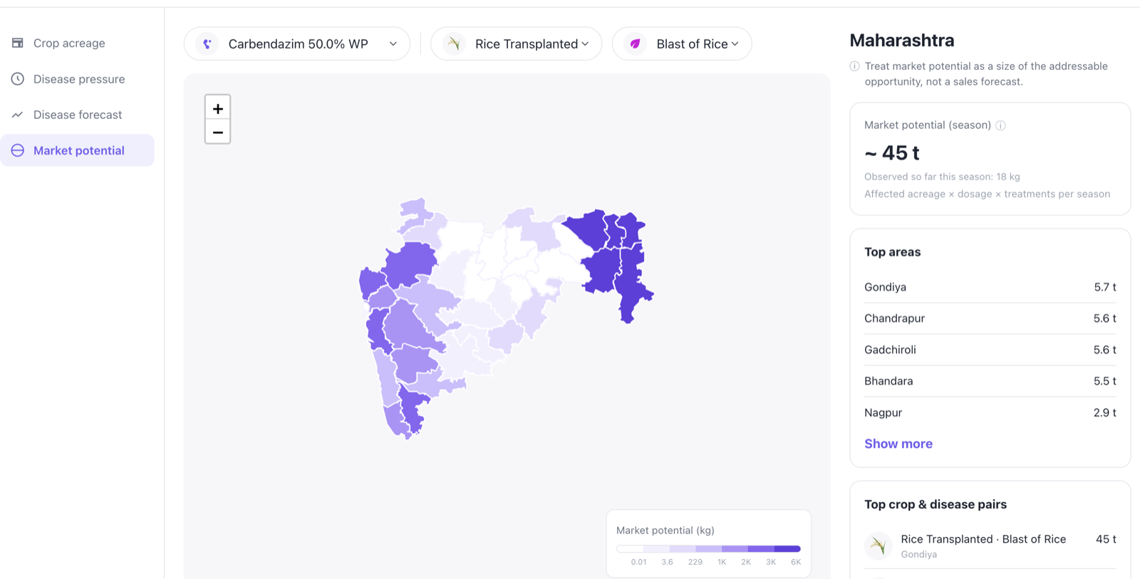 Crop Insights Dashboard showing market potential by district for a rice fungicide against Blast of Rice across Maharashtra, with top districts ranked